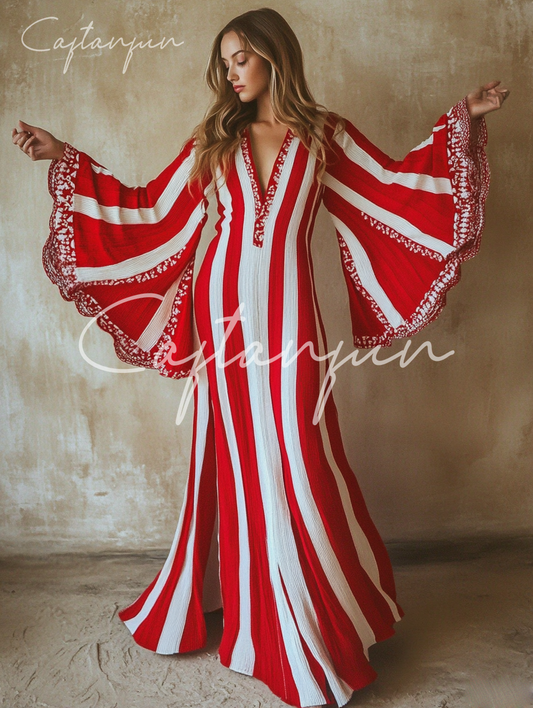 Elegant V-neck Trumpet Sleeves Art Maxi Dress