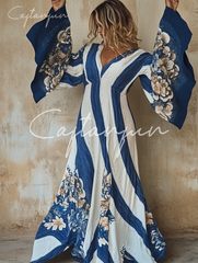 Elegant V-neck Trumpet Sleeves Art Maxi Dress