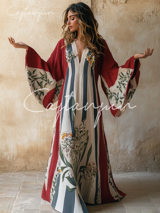 Elegant V-neck Trumpet Sleeves Art Maxi Dress