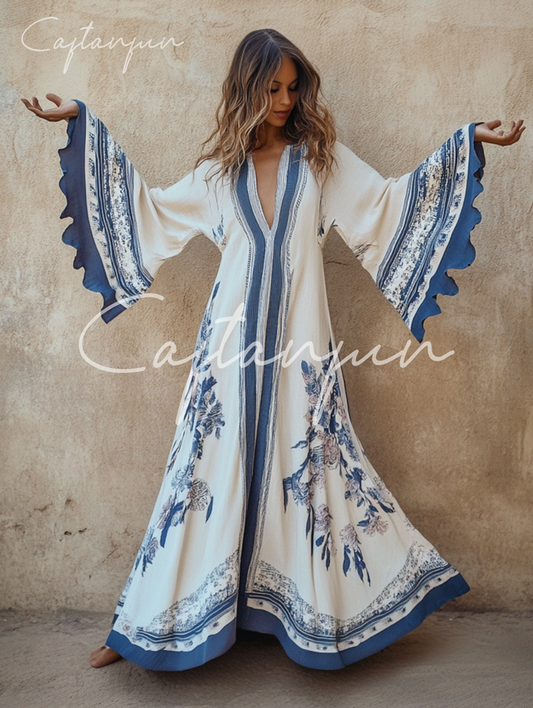 Elegant V-neck Trumpet Sleeves Art Maxi Dress