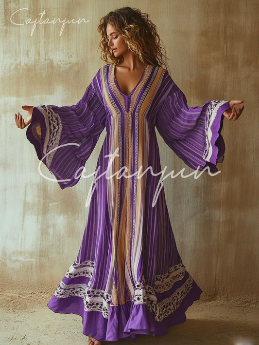 Elegant V-neck Trumpet Sleeves Art Maxi Dress