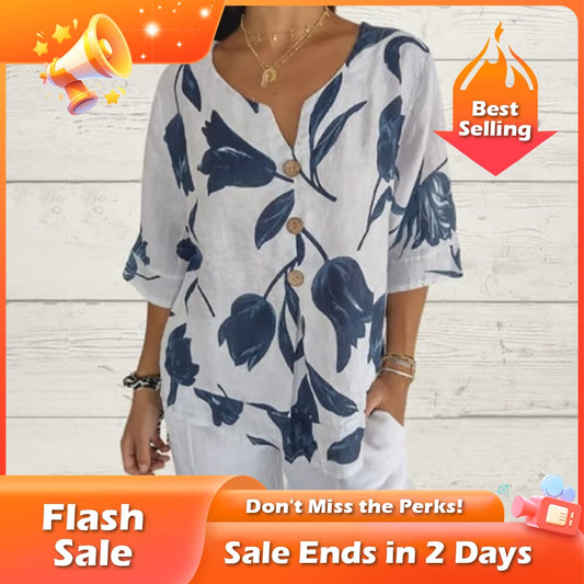 🏆Flash Sale⚡ 50K+ SOLD! Almost Gone-💥Printed Linen-Cotton V-Neck Pullover Shirt,Best Gifts
