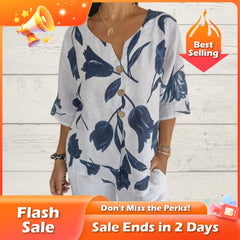 🏆Flash Sale⚡ 50K+ SOLD! Almost Gone-💥Printed Linen-Cotton V-Neck Pullover Shirt,Best Gifts