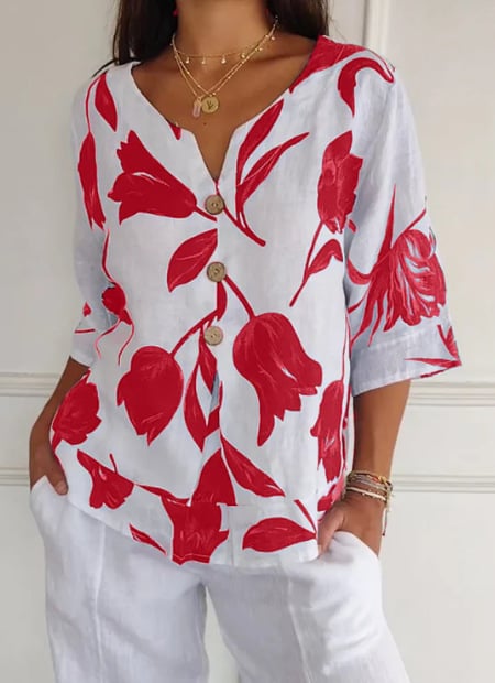 🏆Flash Sale⚡ 50K+ SOLD! Almost Gone-💥Printed Linen-Cotton V-Neck Pullover Shirt,Best Gifts
