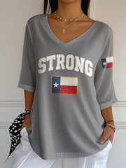 V-Neck Retro Texas Strong Print T-Shirt