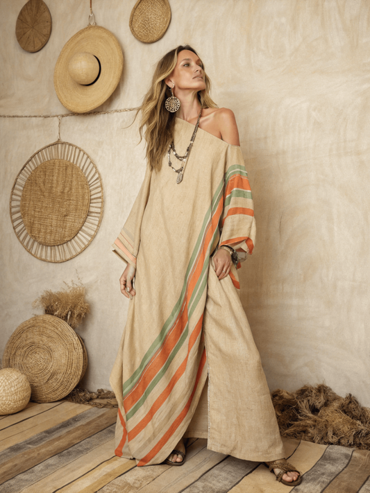 Women's cotton and linen one shoulder long skirt