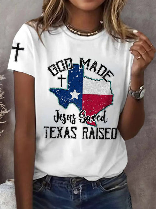 Retro Texas Strong God Made Jesus Saved Texas Print T-Shirt
