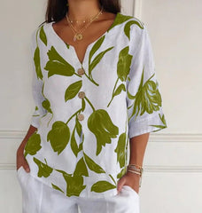 🏆Flash Sale⚡ 50K+ SOLD! Almost Gone-💥Printed Linen-Cotton V-Neck Pullover Shirt,Best Gifts