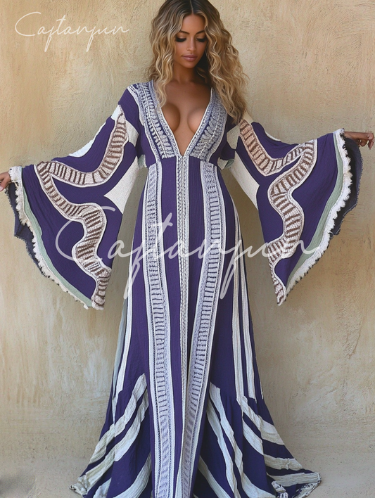 Elegant V-neck Trumpet Sleeves Art Maxi Dress