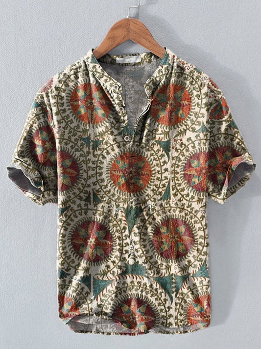 Men's Western Ethnic Stripe Print Button Short Sleeve