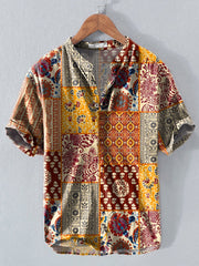 Men's Western Ethnic Stripe Print Button Short Sleeve T-Shirt