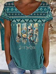 Camiseta de cuello en V "Just In Case" de música country para mujer