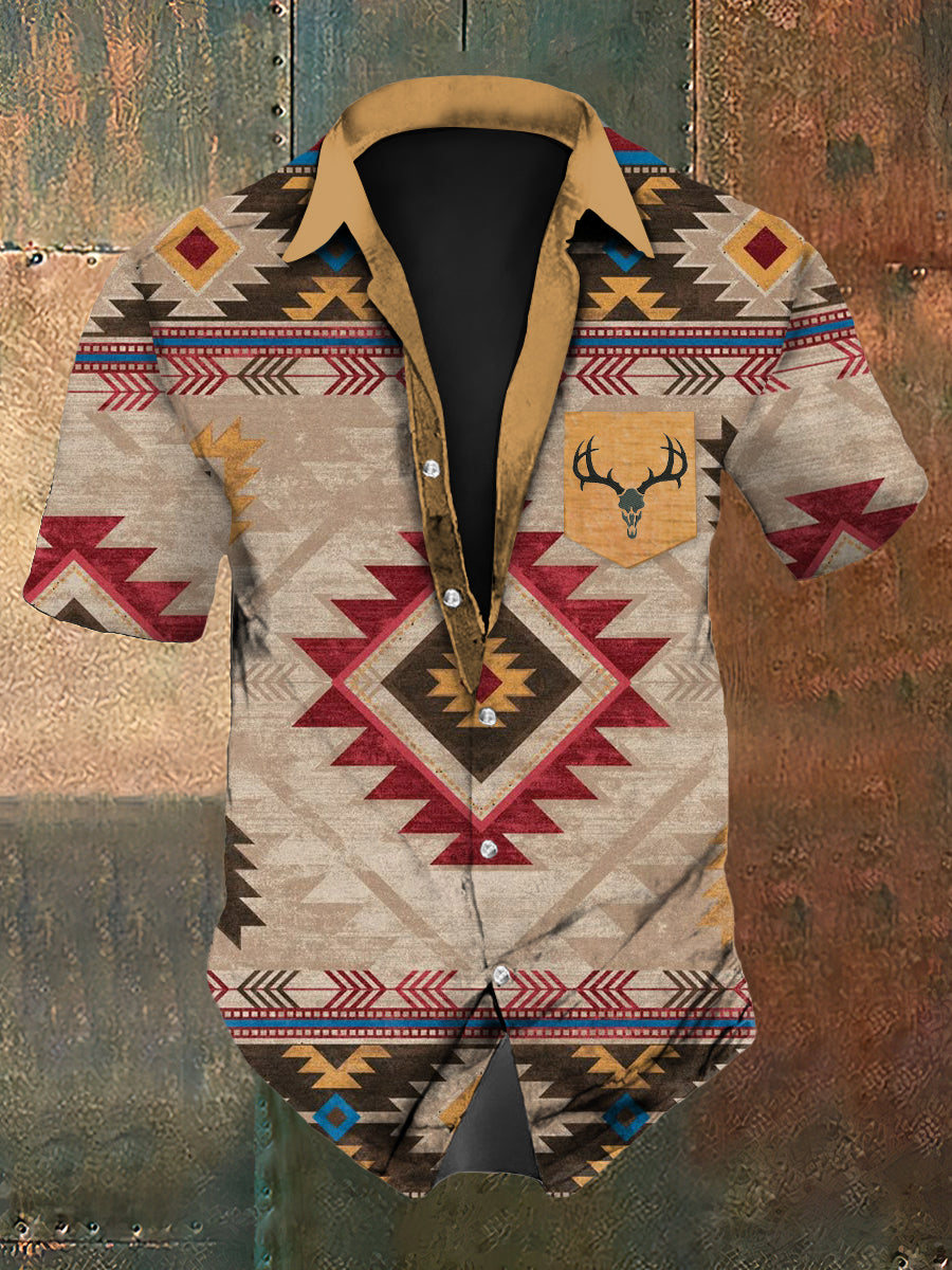 Camisa de manga corta con estampado de calavera de ciervo estilo western para hombre