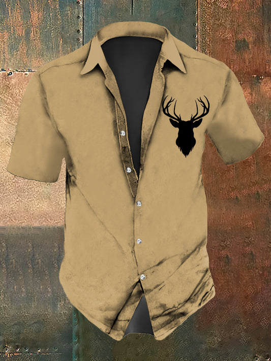 Men's Western Deer Head Print Short Sleeve Shirt