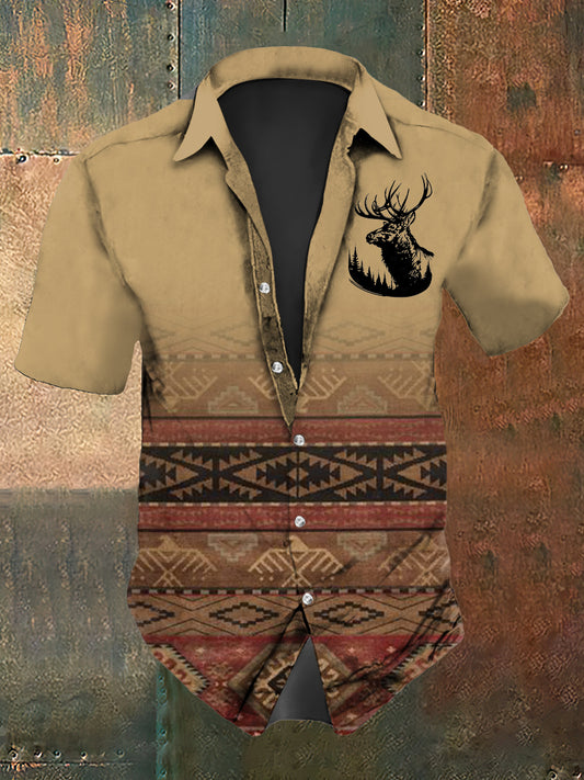 Men's Western Deer Print Short Sleeve Shirt