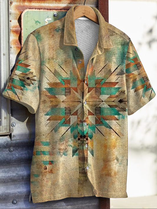 Men's Western Style Aztec Print Short Sleeve Shirt