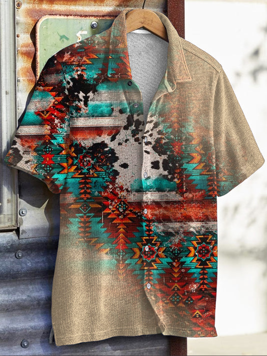 Men's Western Style Aztec Print Short Sleeve Shirt