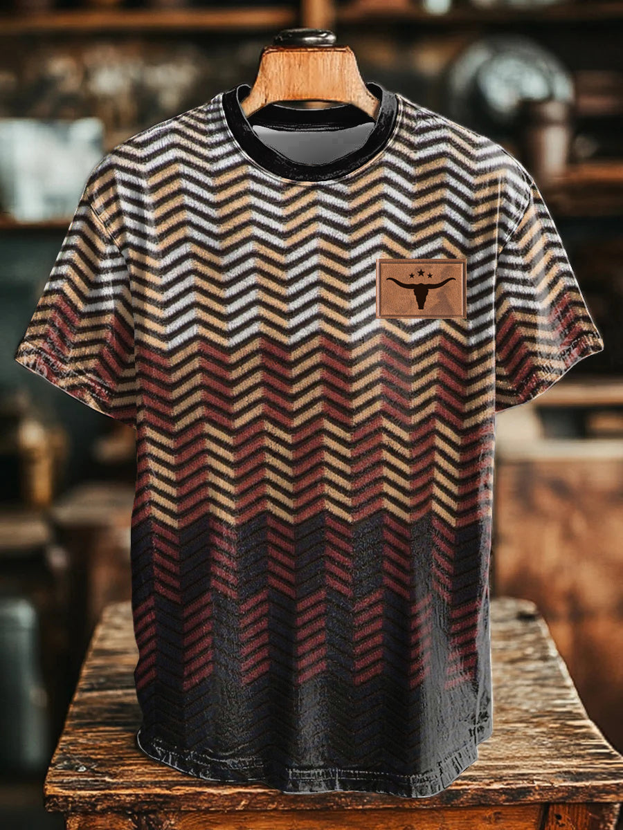 Men's Western Style Herringbone Textured Bull Head Printed T-shirt