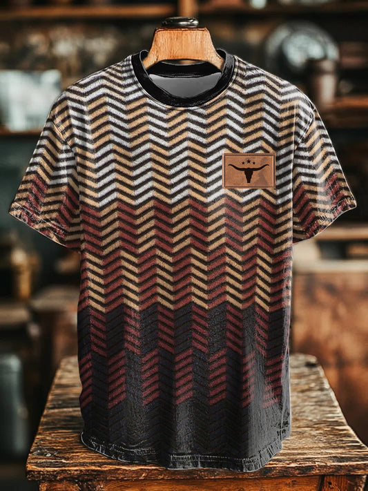 Men's Western Style Herringbone Textured Bull Head Printed T-shirt