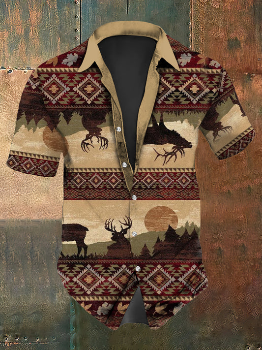 Men's Western Deer Print Short Sleeve Shirt