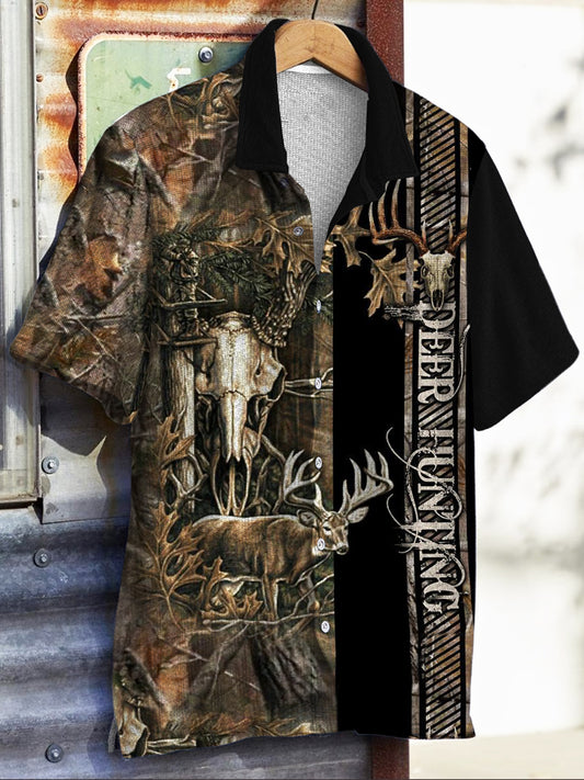 Men's Western Style Deer Hunter Print Short Sleeve Shirt