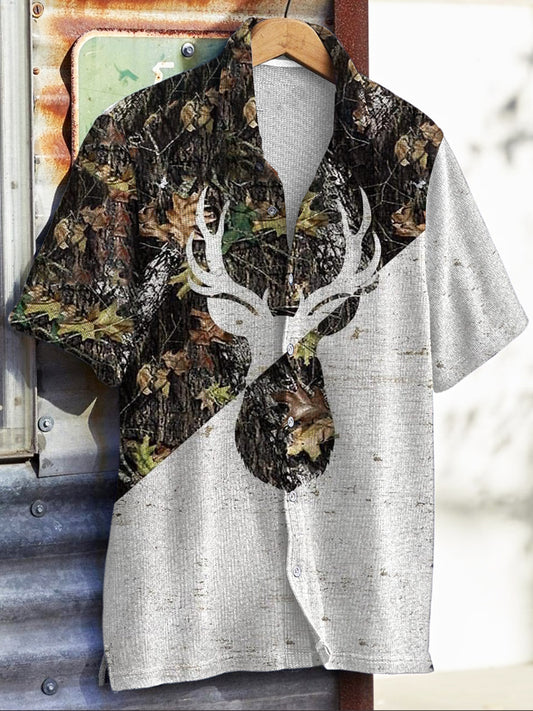Men's Western Style Deer Print Short Sleeve Shirt