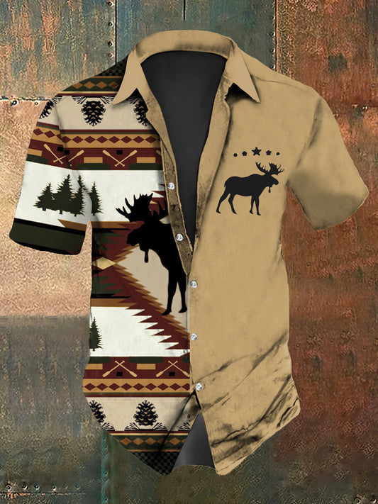Men's Western Deer Print Short Sleeve Shirt