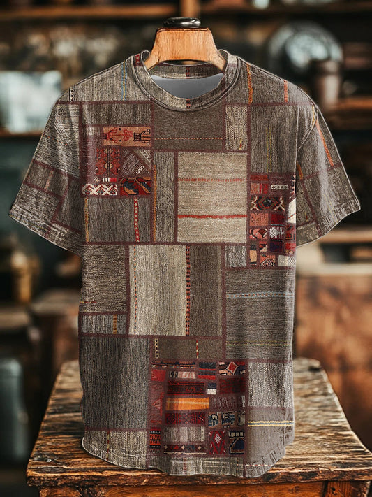 Men's Retro Western Aztec Patchwork Print T-Shirt
