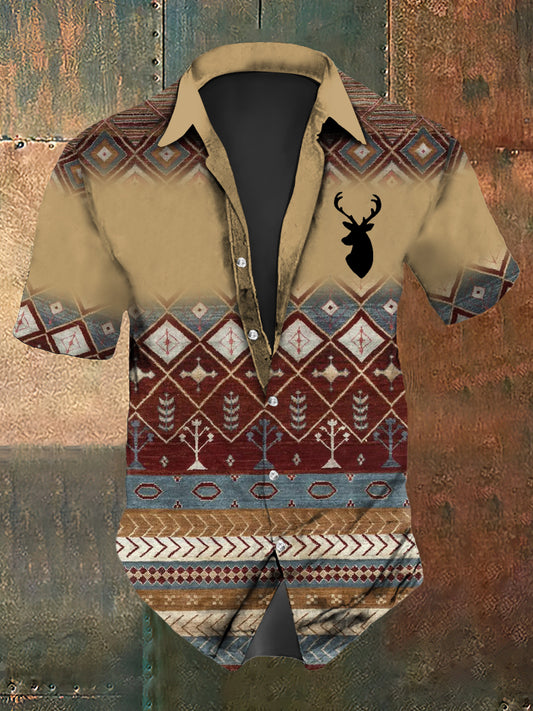 Men's Western Deer Print Short Sleeve Shirt