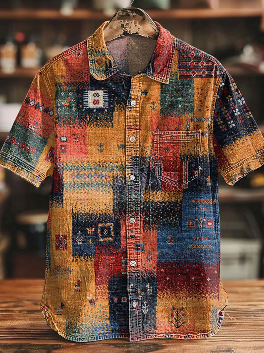 Men's Retro Western Aztec Patchwork Print Cotton Shirt