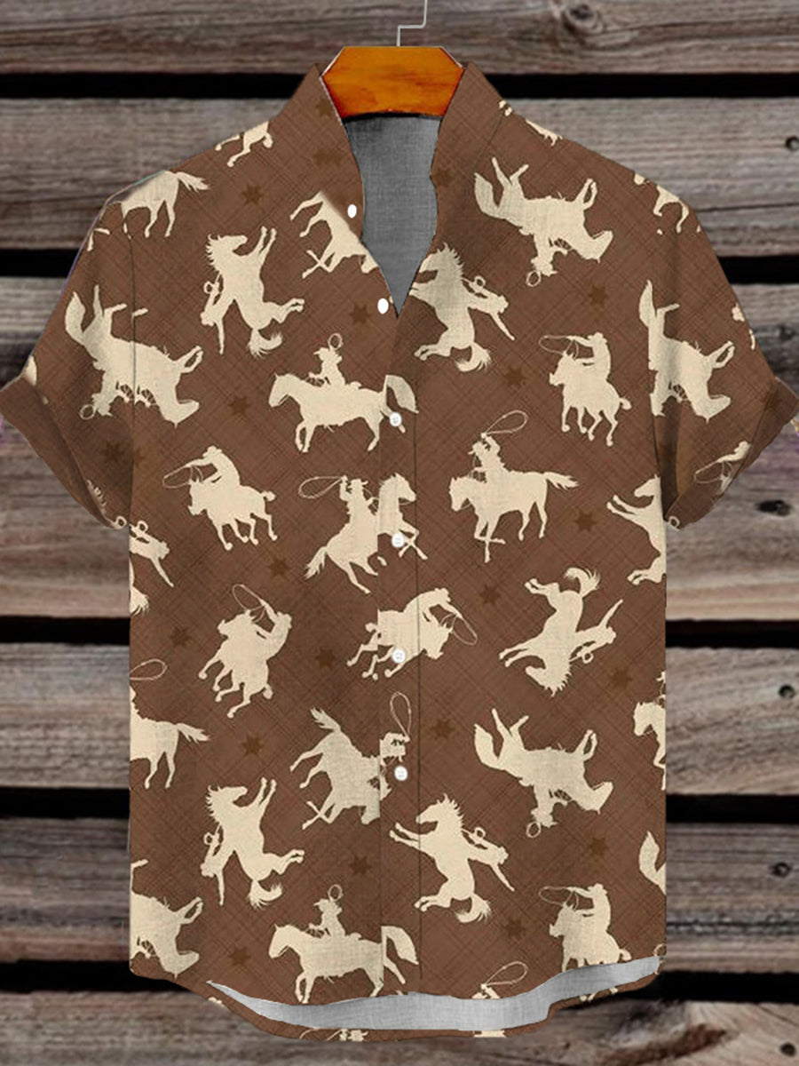 Men's Western Denim Print Short Sleeve Shirt