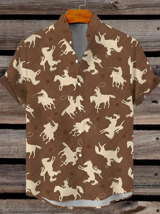 Men's Western Denim Print Short Sleeve Shirt