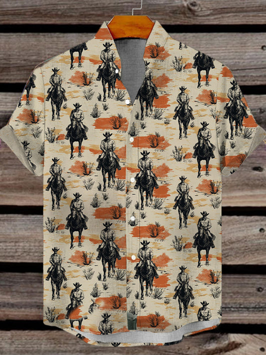 Men's Western Cowboy Print Short Sleeve Shirt