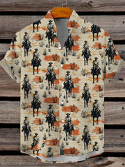 Men's Western Cowboy Print Short Sleeve Shirt