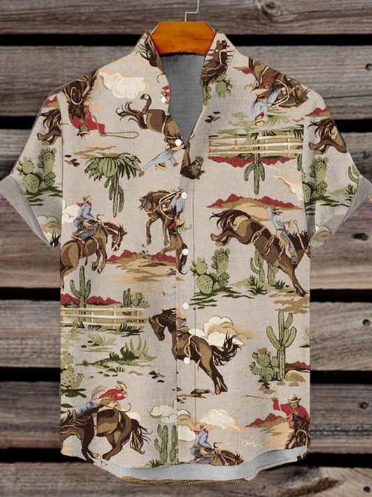 Men's Western Cowboy Print Short Sleeve Shirt