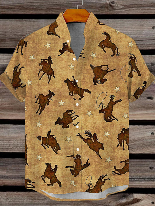 Men's Western Cowboy Print Short Sleeve Shirt