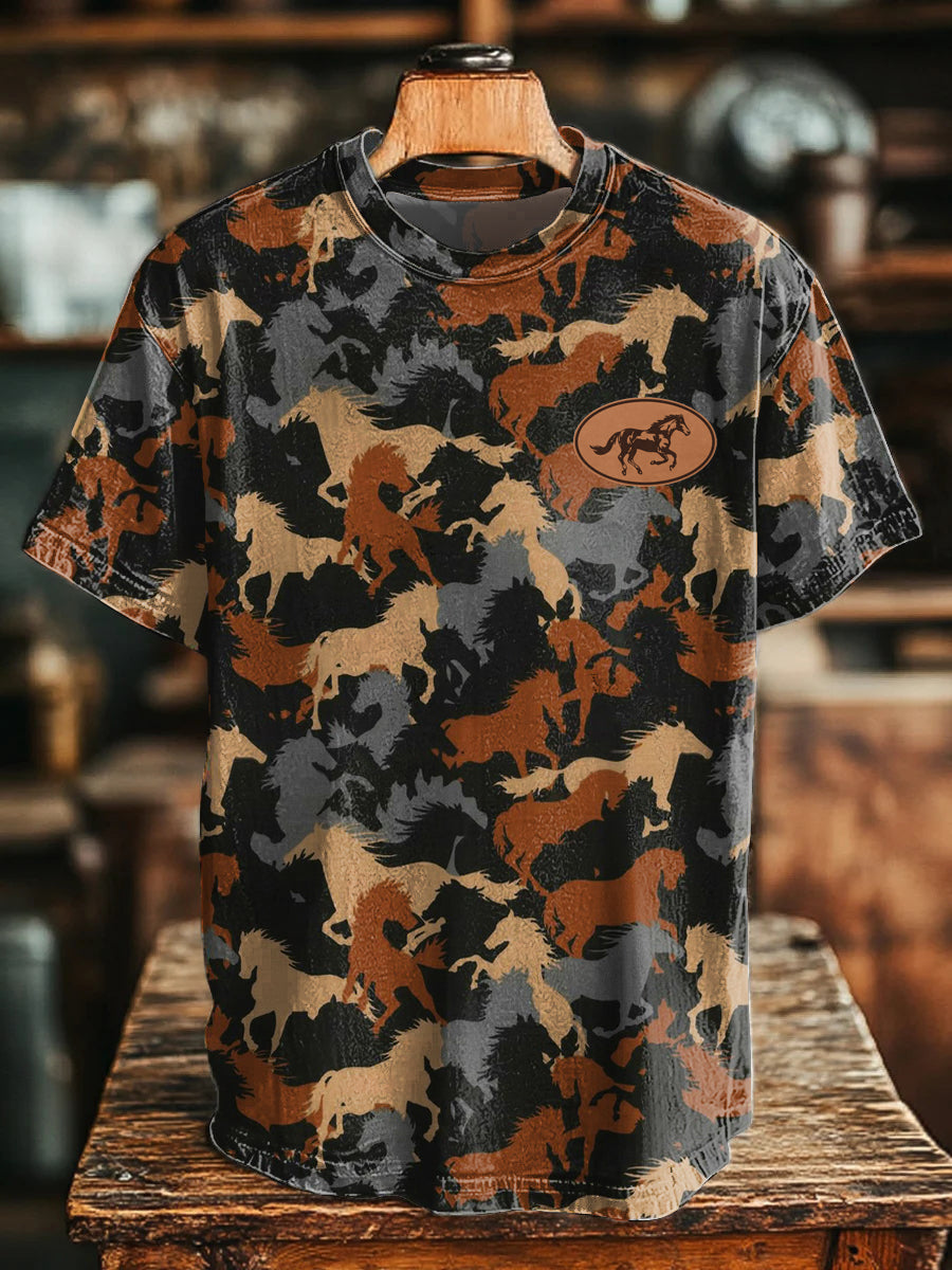 Camiseta retro con estampado de caballos del oeste para hombre