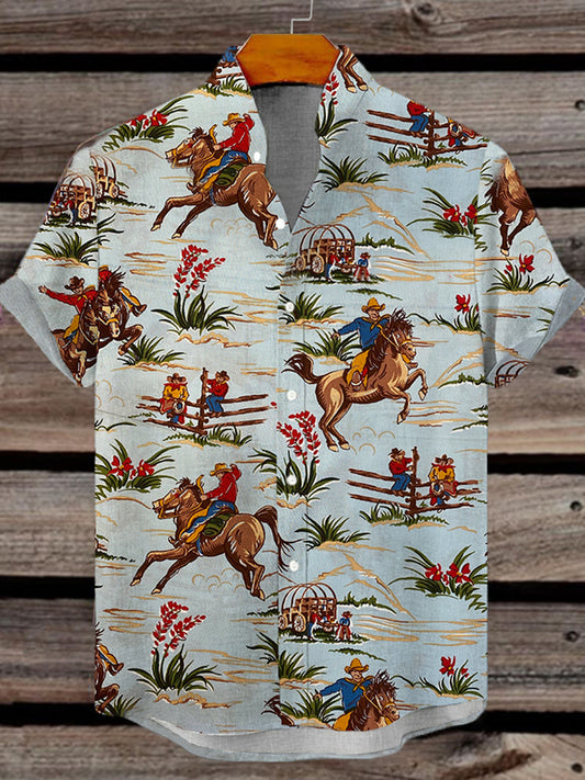 Men's Western Cowboy Print Short Sleeve Shirt