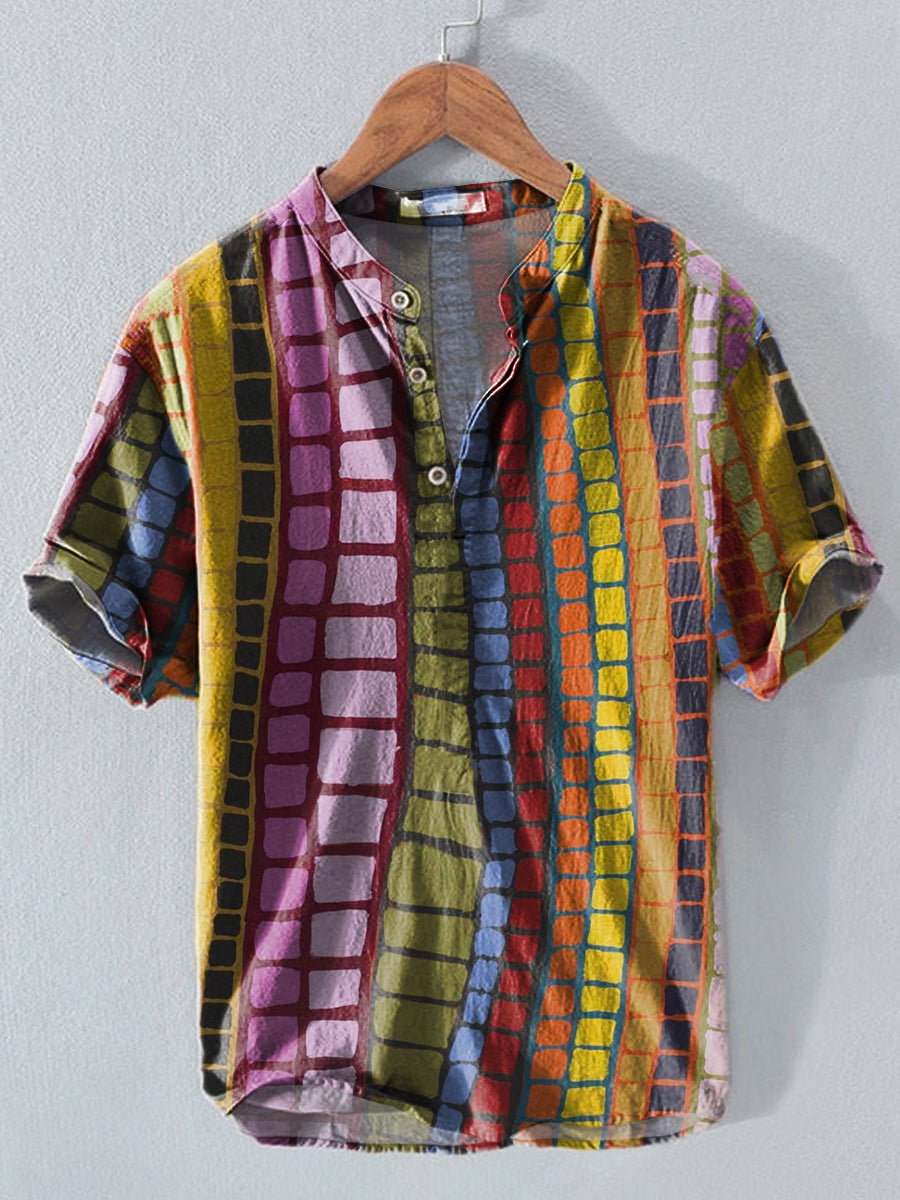 Men's Western Ethnic Stripe Print Button Short Sleeve