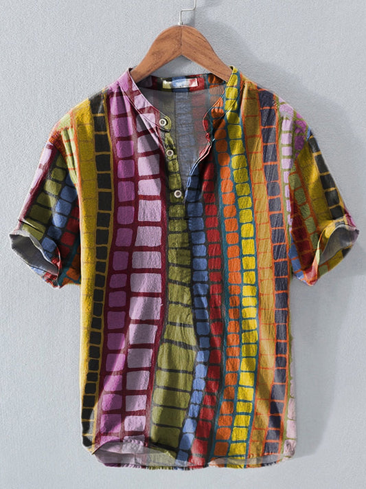 Men's Western Ethnic Stripe Print Button Short Sleeve