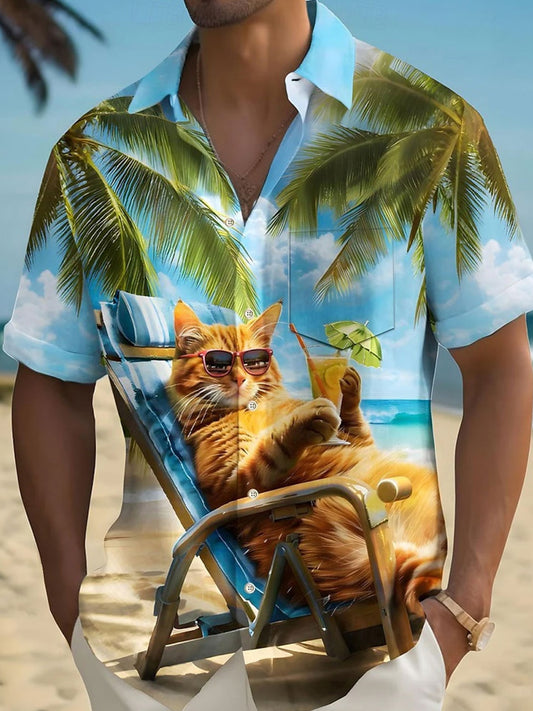 Men's Funny Cat Coconut Tree  Short Sleeve Summer Hawaiian Shirt