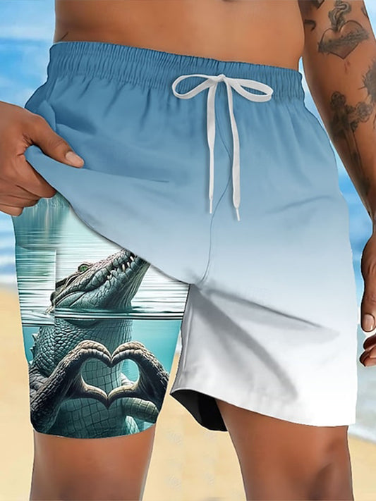 Men's Funny Animal Crocodile Lined Shorts 2 in 1 Board Shorts