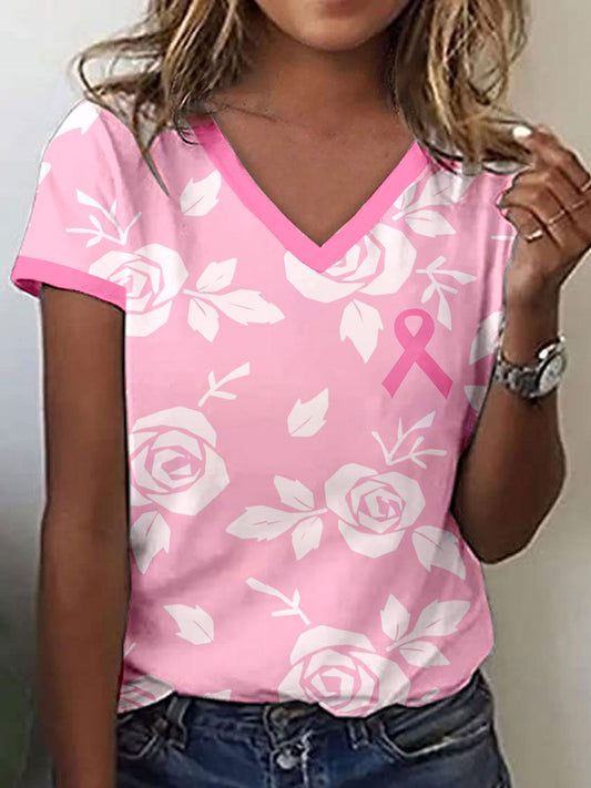 Women's Breast Cancer Awareness Pink Rose Print T-Shirt