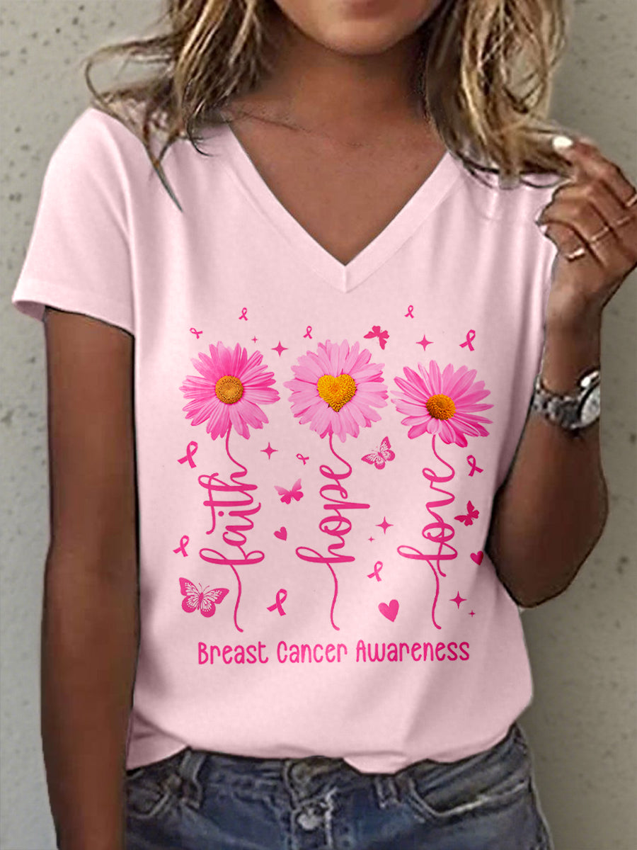 Women's Breast Cancer Awareness Faith Hope Love Print V-Neck T-Shirt