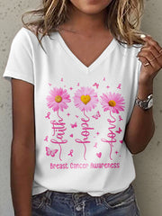 Women's Breast Cancer Awareness Faith Hope Love Print V-Neck T-Shirt