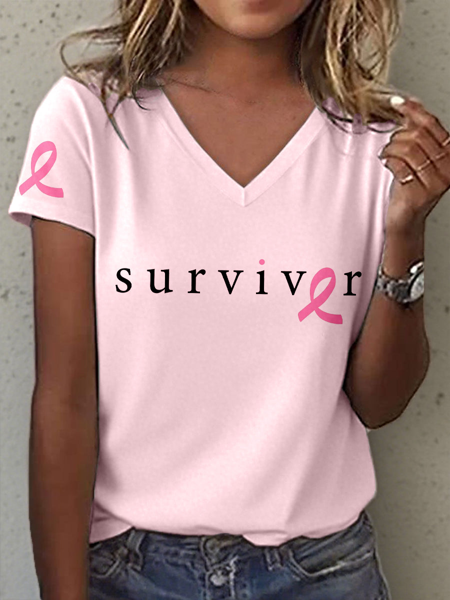 Women's Breast Cancer Awareness Survivor Print V-Neck T-Shirt