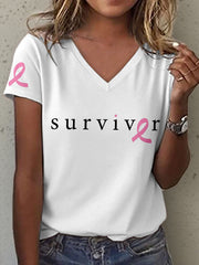 Women's Breast Cancer Awareness Survivor Print V-Neck T-Shirt