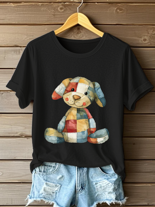 Women's Patchwork Art Dog Print T-Shirt