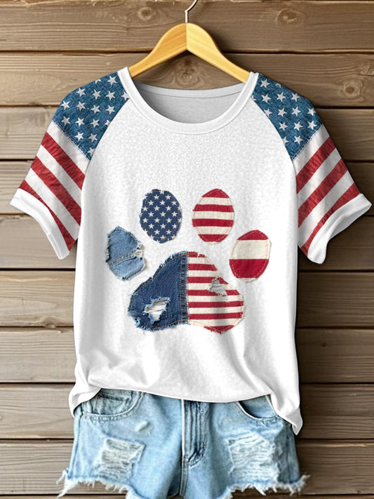 Women's Independence Day Paw Patchwork Art T-Shirt