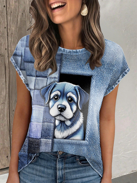 Women's denim puppy print t-shirt